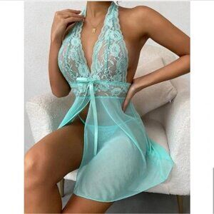Sexy Lace Mesh Halter Babydoll Slip Dress Lingerie with Thong with gift box